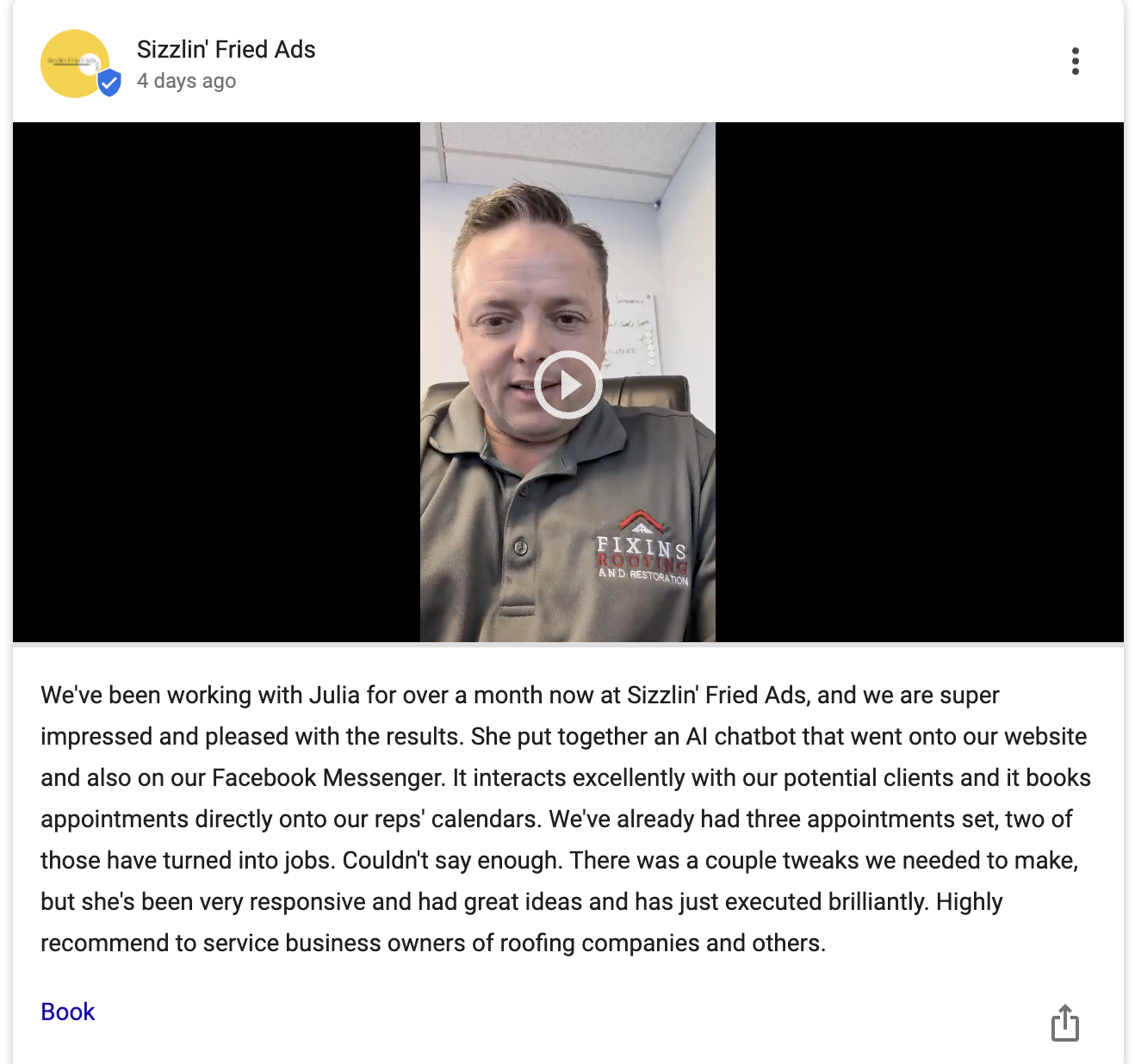 Roofer review for Sizzlin' Fried Ads post Roofer review for Sizzlin' Fried Ads post