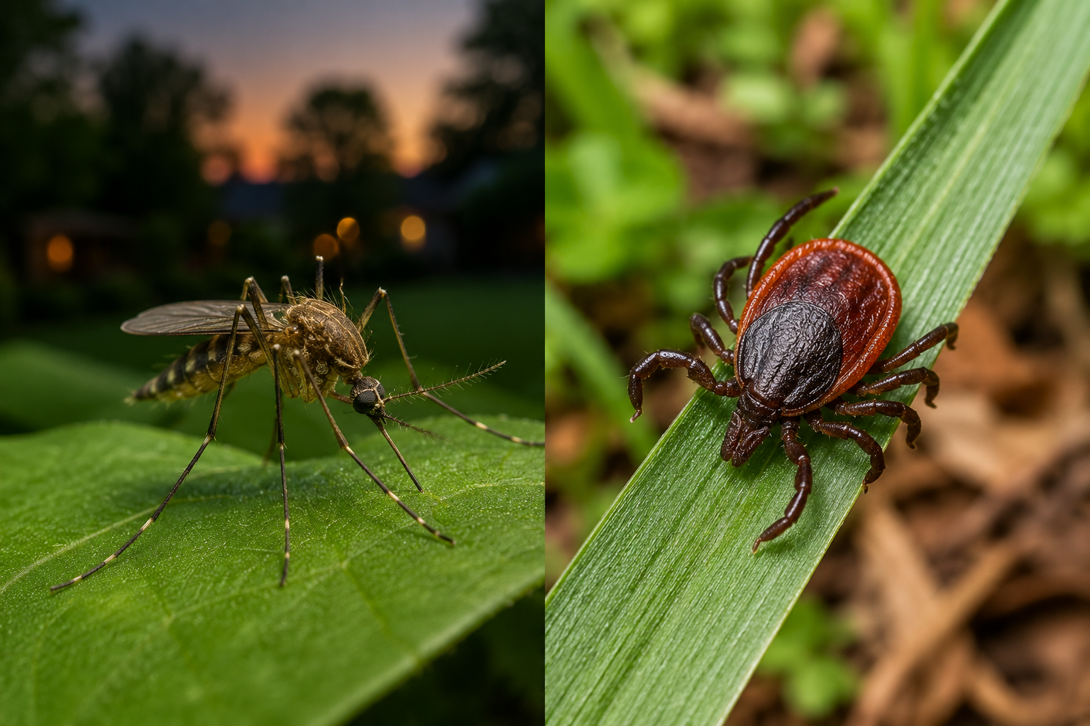 Side by side close-ups of a mosquito on a leaf at dusk and a blacklegged tick climbing a blade of grass