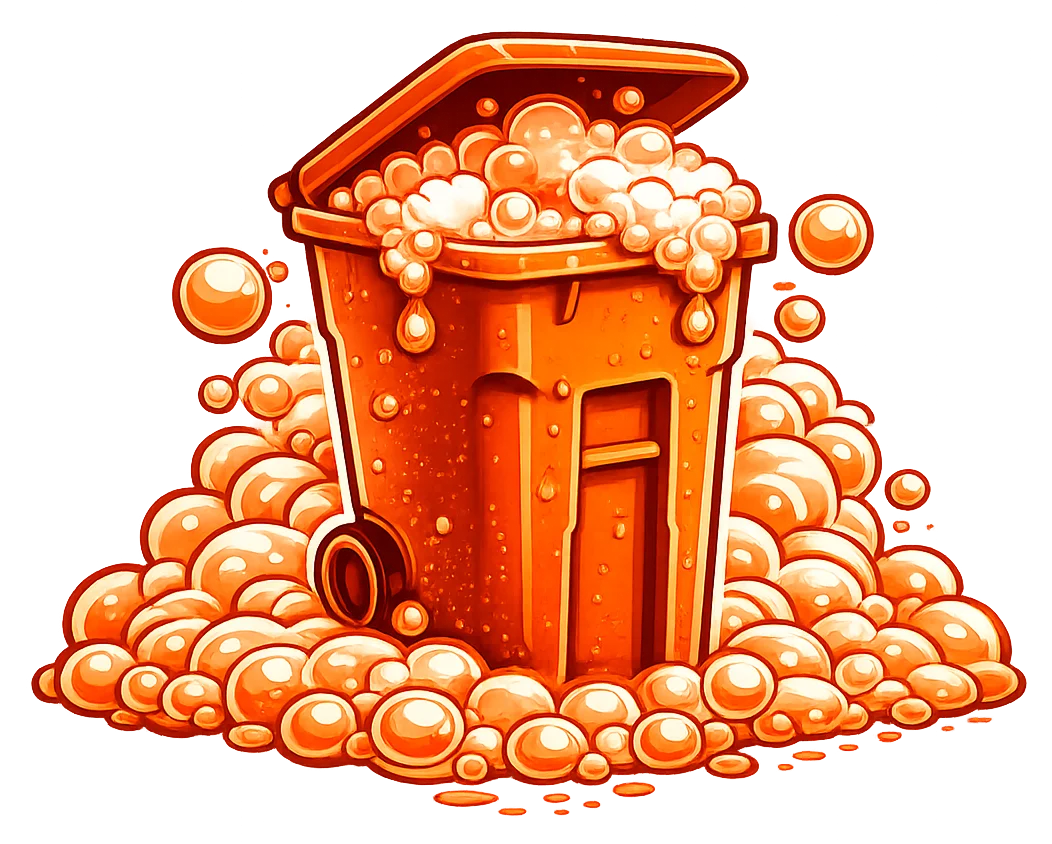 An orange trash can overflowing with shiny, light orange bubbles on a black background, cartoonish style.