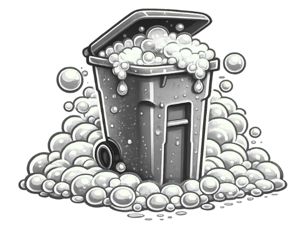 An orange trash can overflowing with shiny, light orange bubbles on a black background, cartoonish style.