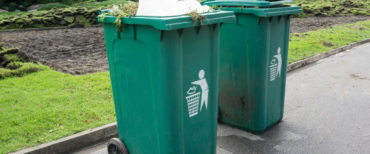 Two large green recycling bins with white recycling symbols sit on the edge of an asphalt road next to grass.