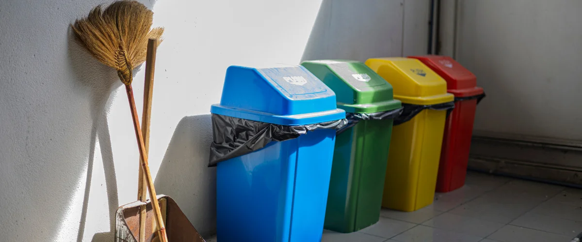 A straw broom and dustpan leaning against a white wall next to a row of colorful recycling bins. A straw broom and dustpan leaning against a white wall next to a row of colorful recycling bins.