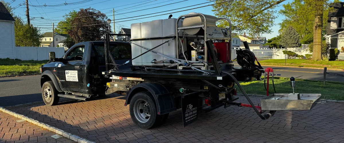 A black truck with mounted hydroseeding equipment, including a large white tank and machinery, parked on a paved driveway.