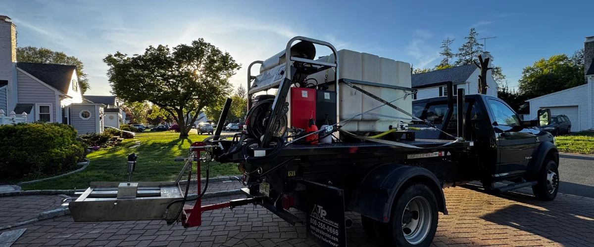 A black service truck with a white tank and equipment on its flatbed, parked on a brick driveway at dusk. A black service truck with a white tank and equipment on its flatbed, parked on a brick driveway at dusk.