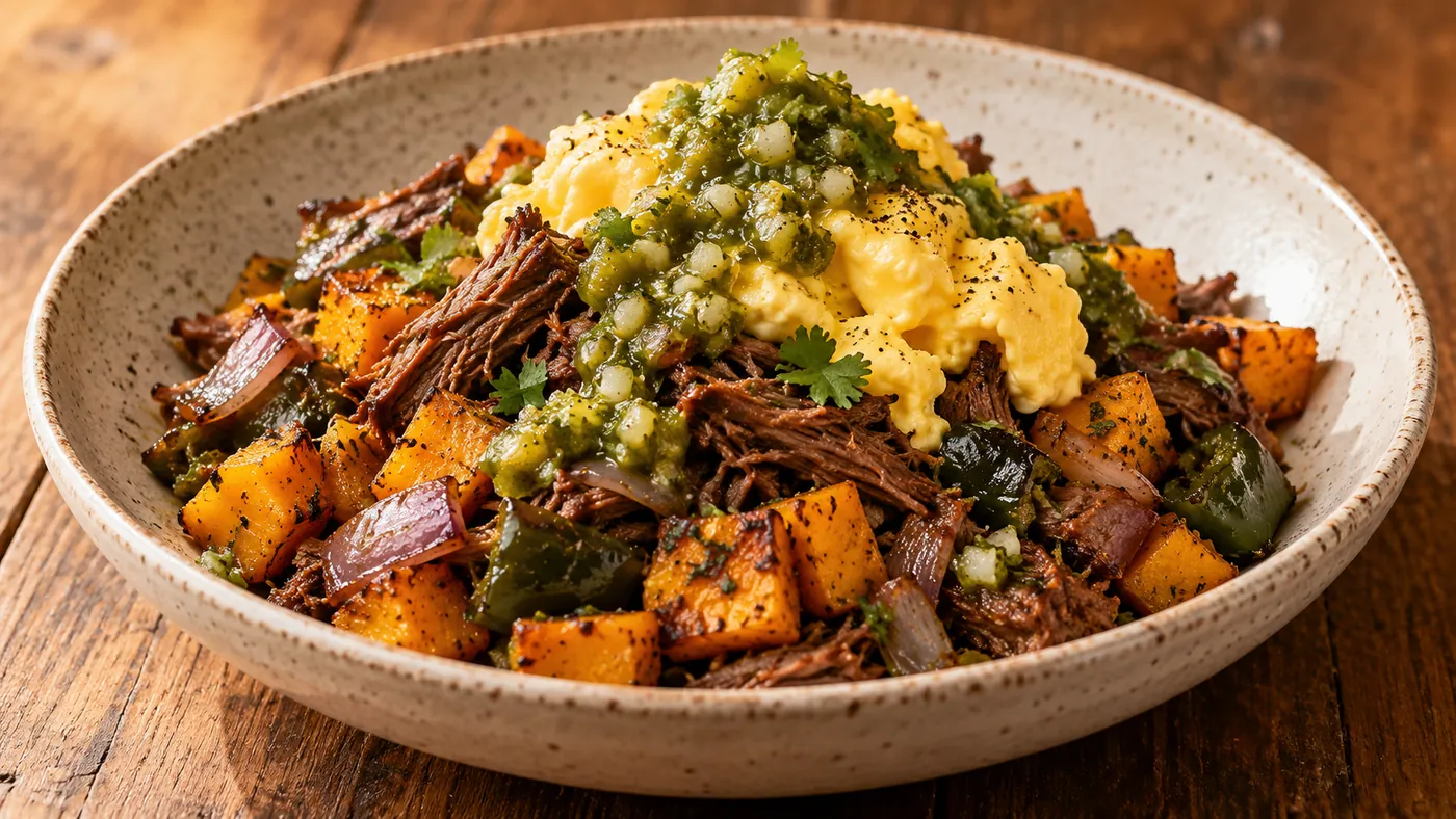Braised beef and butternut squash hash