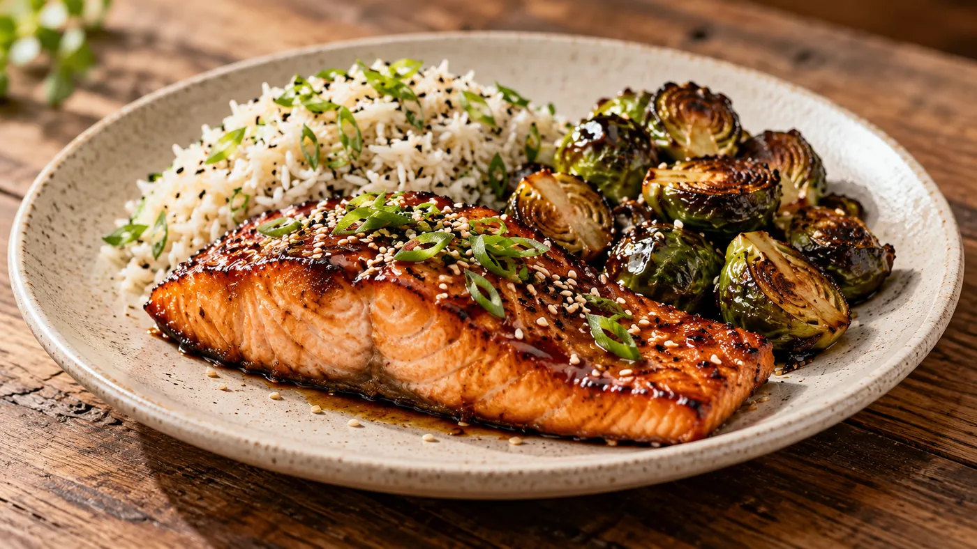Miso ginger roasted salmon with sesame basmati rice and glazed Brussels sprouts