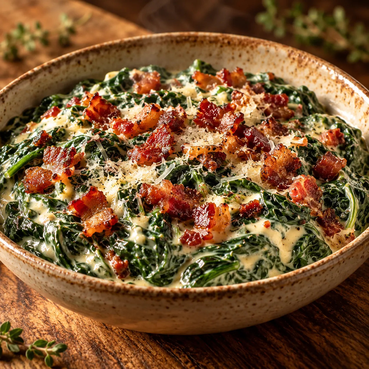 Rustic Creamed Spinach with Crispy Pancetta