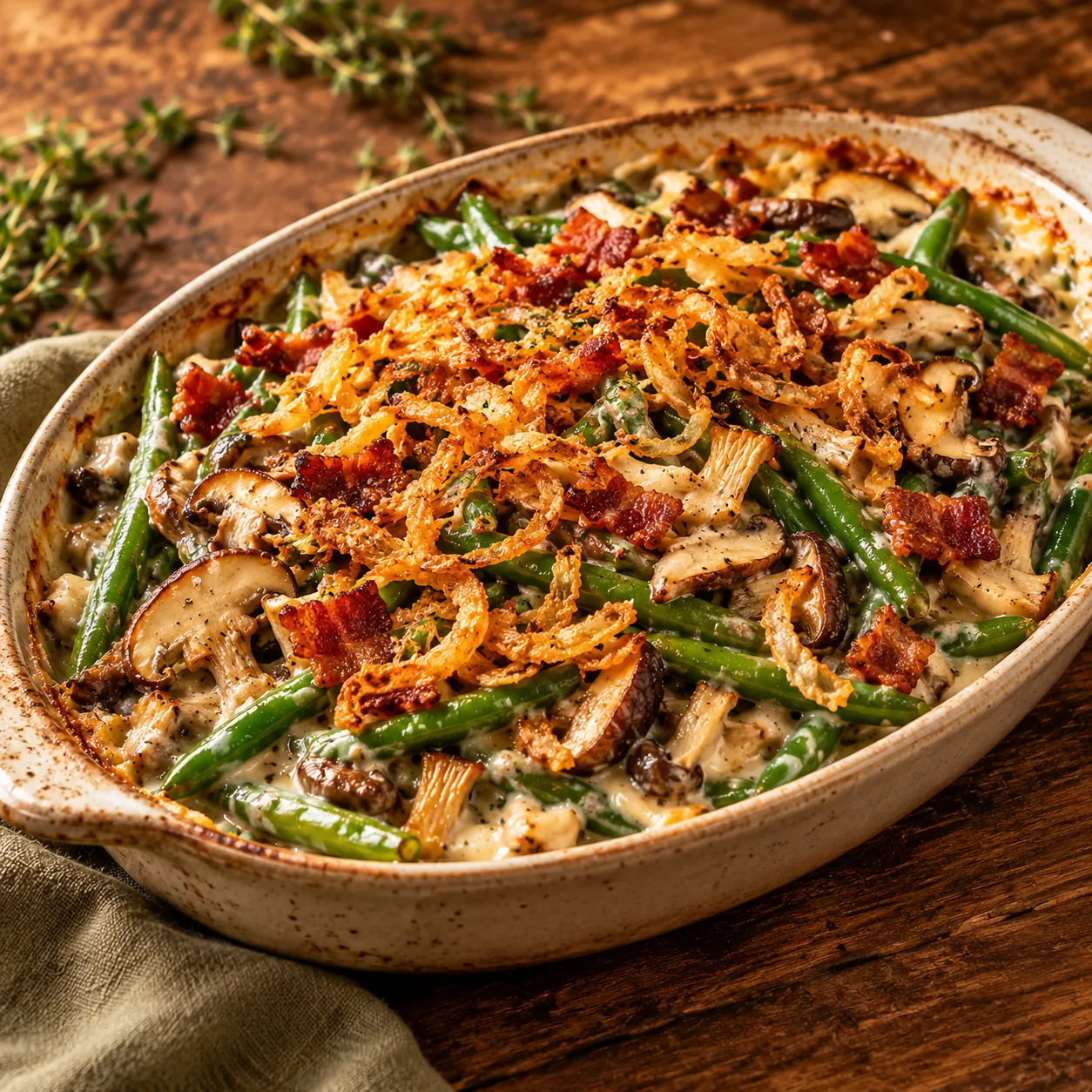 Green Bean Casserole with Cauliflower Cream & Wild Mushrooms