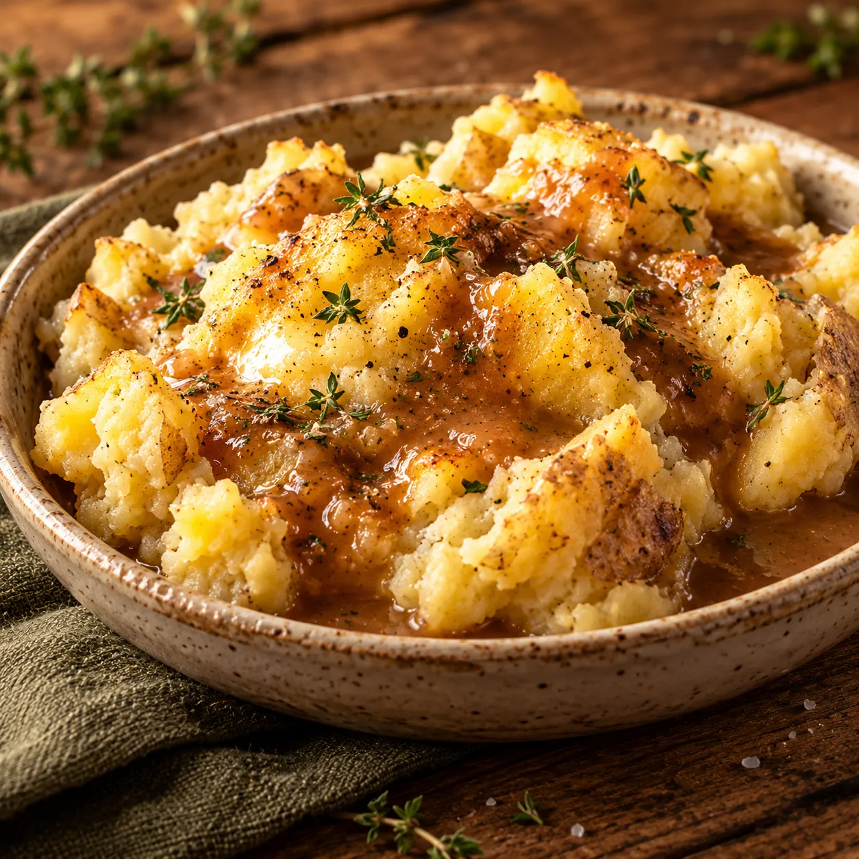 Buttery Smashed Yukon Gold Potatoes with Gravy