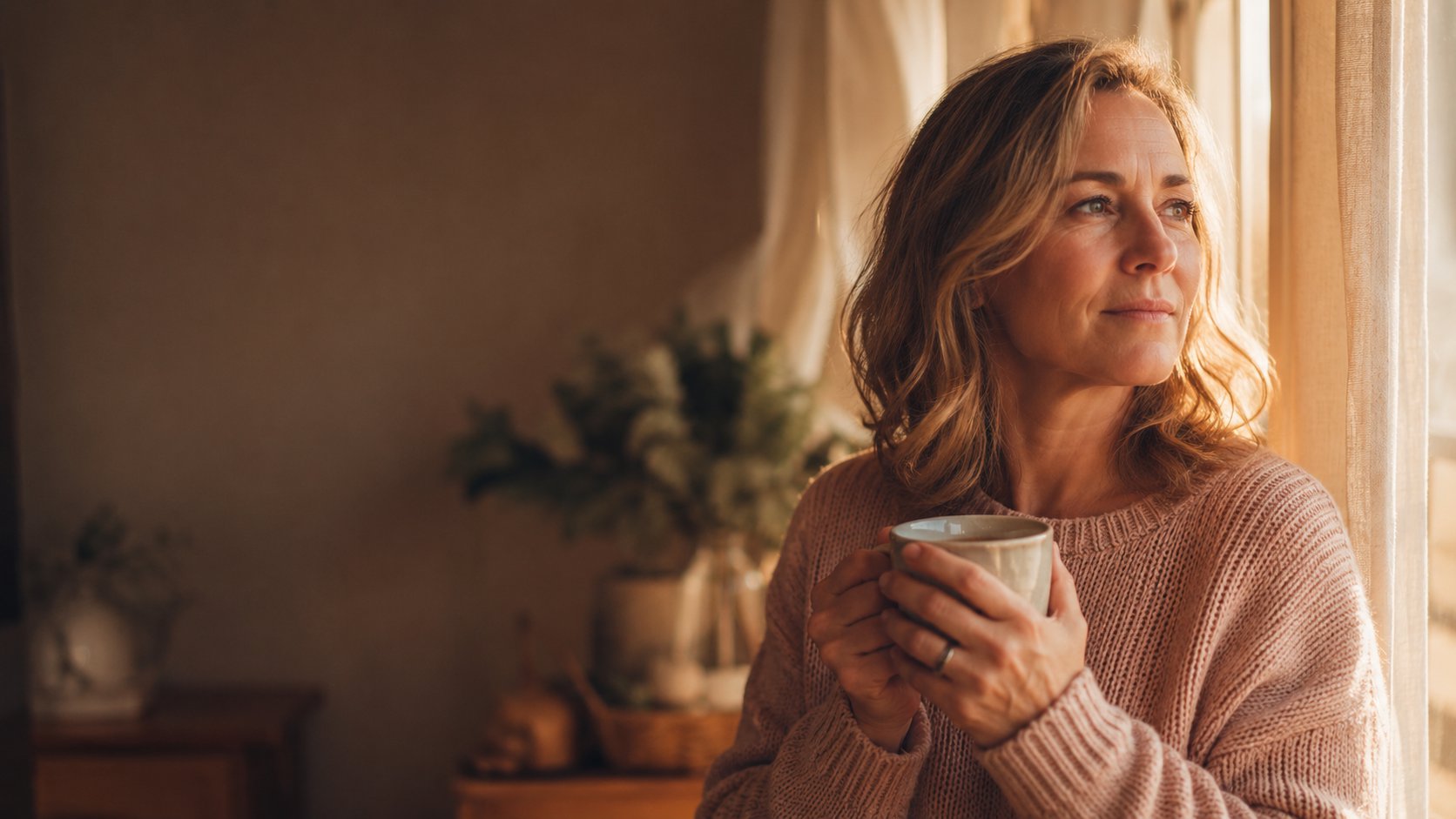 Frau in einem warmen, ruhigen Moment am Fenster mit einer Tasse in den Händen