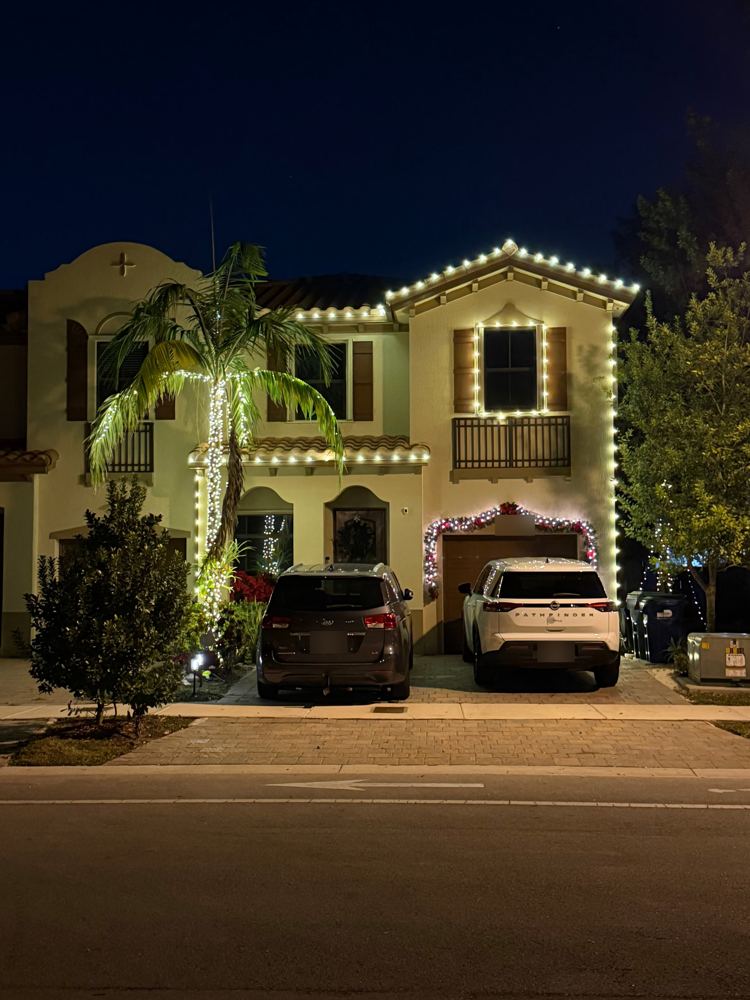 Two-story townhome with warm white roofline, window outline, and wrapped palm