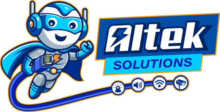 Altek Solutions mascot with security, audio, Wi-Fi and camera icons