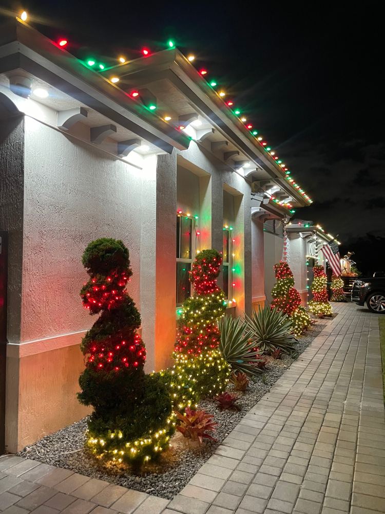 Spiral topiaries in red and warm white lights under a lit roofline