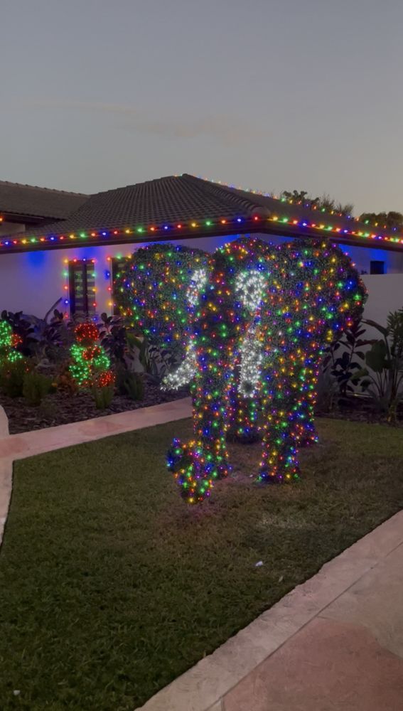 Elephant topiary covered in multicolor lights in front of a lit home