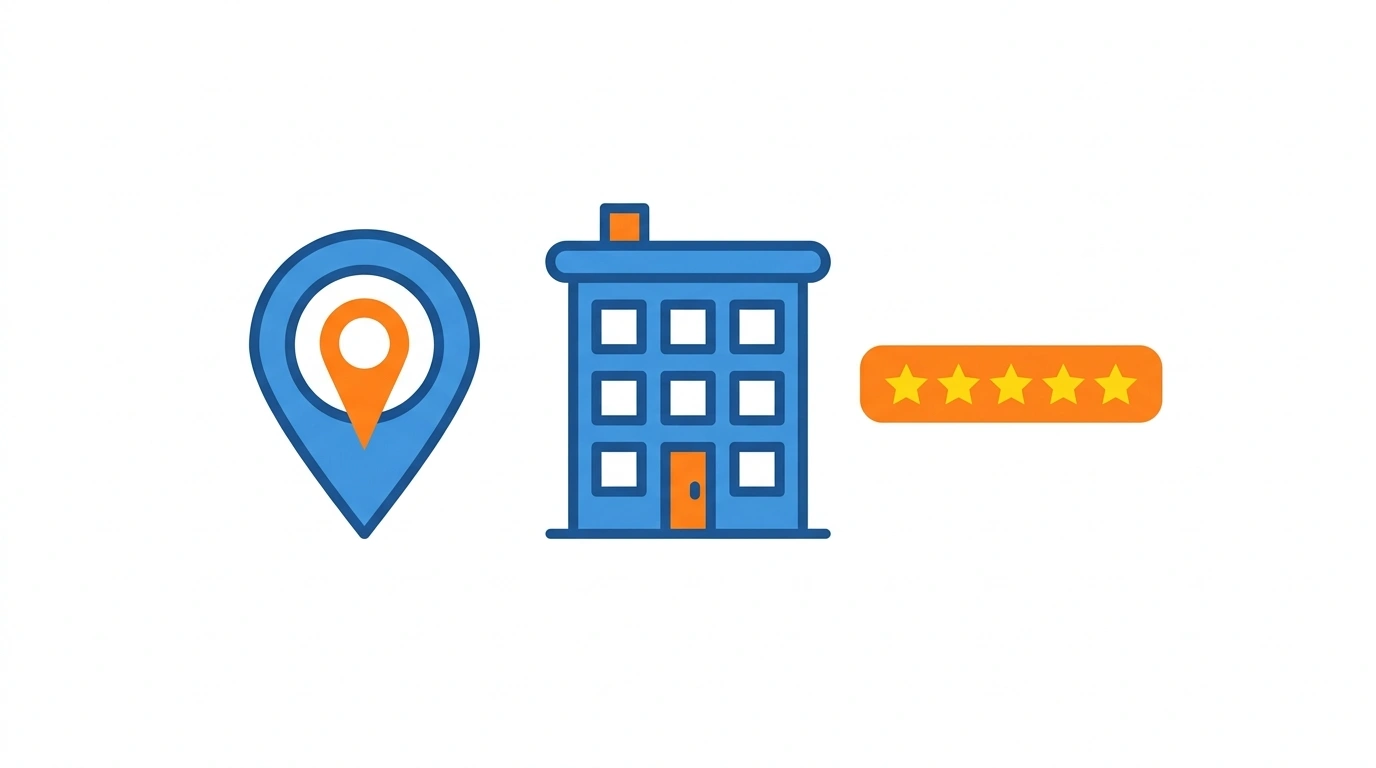 Flat-design illustration of a map pin icon next to an office building icon, with a small star rating badge, blue and orange palette, clean white background, no text, minimal vector style.