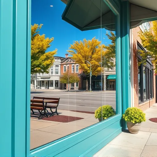 Sparkling storefront window reflecting historic Stillwater architecture, vibrant trees, blue sky, and a clean professional setting