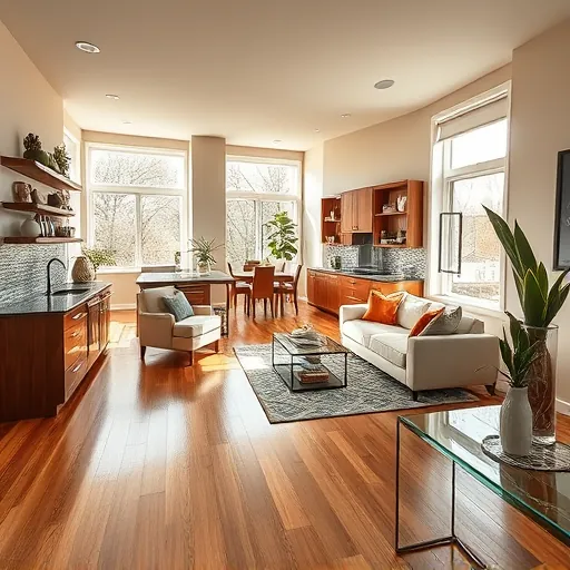 Modern open-concept living space in Maplewood MN with sleek hardwood floors, stylish kitchen, and inviting decor.