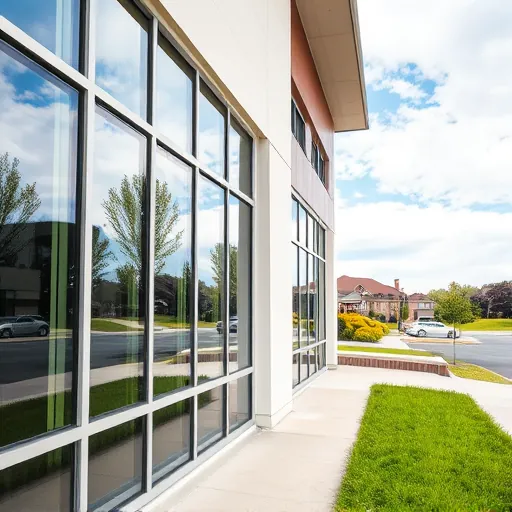 Modern building in Oakdale MN with sparkling clean windows reflecting trees and sky, surrounded by landscaped yard