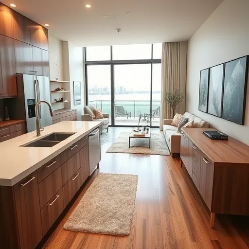Modern remodeled living space in Riverfront Area MN featuring sleek cabinetry, quartz countertops, and natural light.