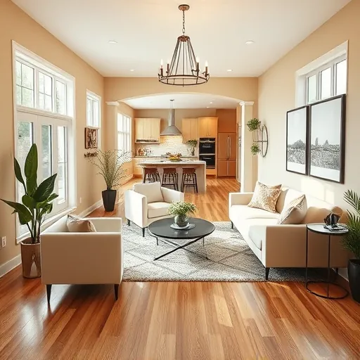 Renovated living room in Downtown Hastings MN featuring modern decor, natural light, and stylish kitchen backdrop.
