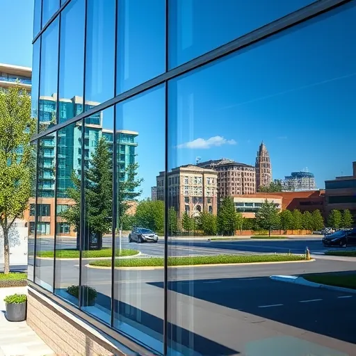 Pristine commercial building windows reflecting Dancing Waters Minnesota cityscape with water-fed poles and cleaning equipment