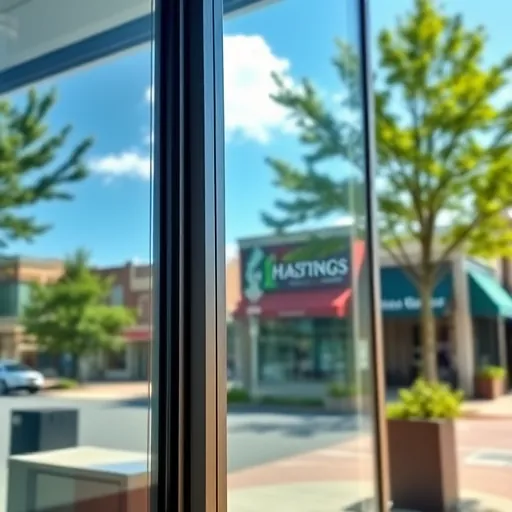 Pristine window of a modern commercial building in Hastings MN reflecting blue sky trees and historic brick facades