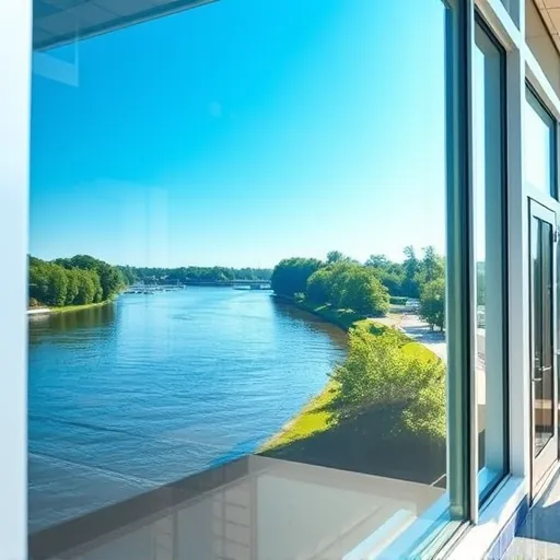 Professionally cleaned window reflecting a blue sky and riverbanks in Stillwater, MN, showcasing clarity and quality.