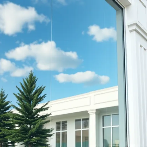 Pristine clean windows reflecting blue sky and trees on a modern building in Powers Lake MN showcasing professional window cleaning