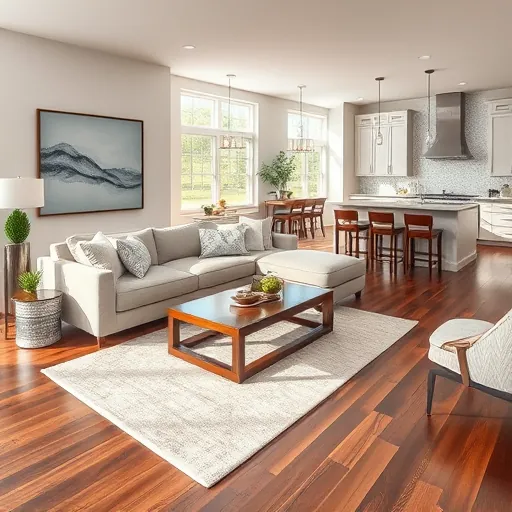 Remodeled living room in Cottage Grove MN with open floor plan, dark hardwood floors, modern decor, and natural light.