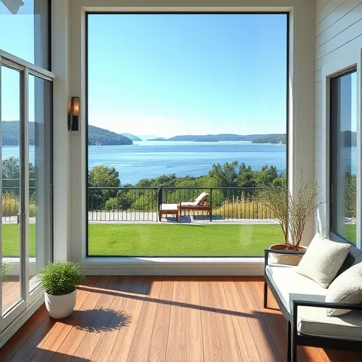 Gleaming large picture window with clear lakeside view in modern Stillwater home, showcasing professional cleaning and serene landscape