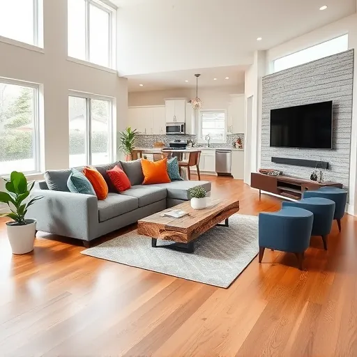 Modern open-concept living room in Gladstone, MN featuring stylish gray sofa, natural light, and sleek design elements.