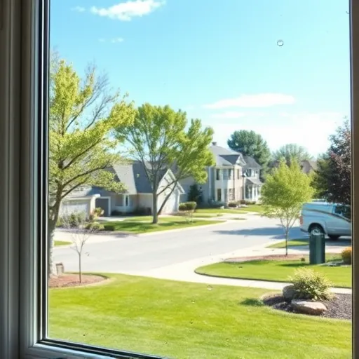 Spotless modern window with clear reflection of suburban trees, houses, and bright blue sky in Stillwater Minnesota.