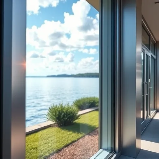 Pristine window on modern building reflecting lakeside scenery in Dancing Waters MN after professional cleaning.