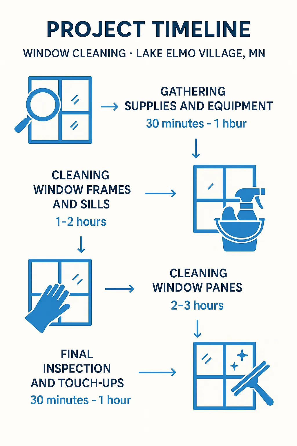 Infographic showing a five-step window cleaning timeline for Lake Elmo Village MN with estimated times for each step