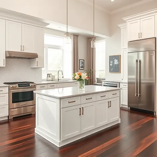 Modern Woodbury MN kitchen remodel features sleek white cabinetry, quartz island, stainless appliances, and dark hardwood floors.