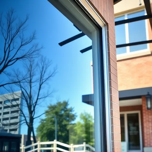 Clean window on modern St. Paul Park building reflecting blue sky and trees, showcasing professional window cleaning and quality workmanship