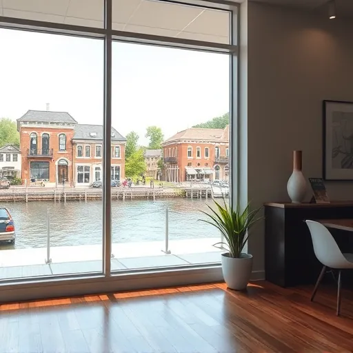 Clean interior commercial window in Stillwater MN with views of historic brick buildings lush greenery and calm river