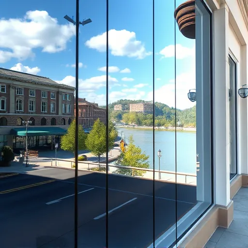 Pristine window reflecting Stillwater MN’s cityscape and greenery showcases a professional cleaning service's expertise.