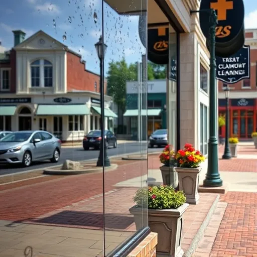 Sparkling storefront window reflecting Stillwater downtown streets with flowers, lampposts, and historical buildings.