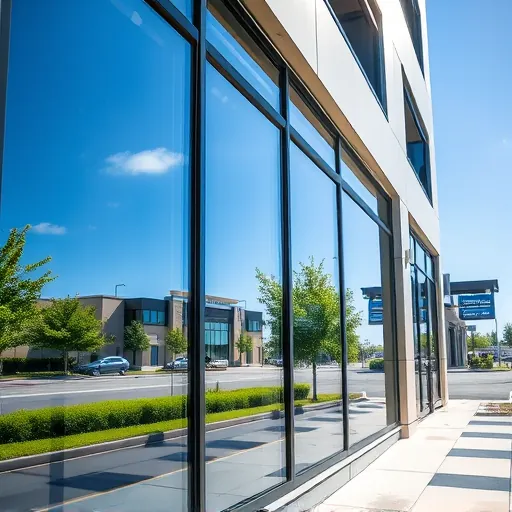 Pristine, gleaming windows on a modern building in Eagan Minnesota reflecting blue skies and green trees showcasing professional window cleaning