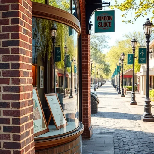 Clean storefront window on downtown Stillwater MN street with historic architecture, reflections, lush greenery, and vintage streetlamps