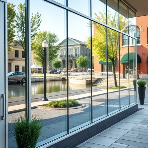 Modern Stillwater commercial building with gleaming glass windows reflecting downtown architecture and lush greenery