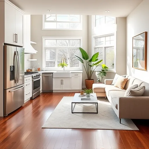 Modern kitchen and living space in Maplewood MN with sleek appliances, natural light, and elegant decor.