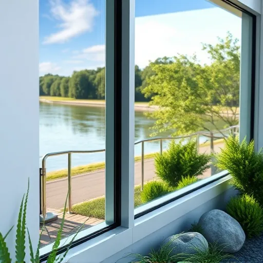 Pristine clean window on a modern commercial building in Afton Minnesota with clear view of greenery and St. Croix River