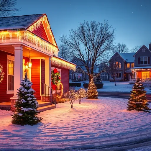 Completed festive Christmas light installation on a decorated house in Stillwater Minnesota with outdoor winter lighting and snowy landscape