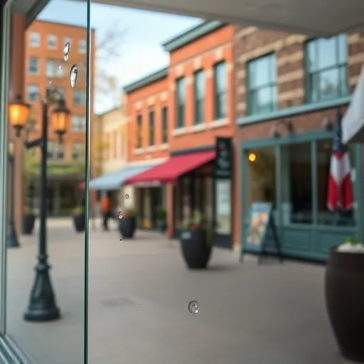 Clean window reflecting Downtown Hastings with cityscape, brick buildings, and autumn foliage in a polished setting.