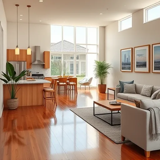 Contemporary open-concept living room in Burnsville MN features wooden flooring, sleek kitchen, and elegant decor.