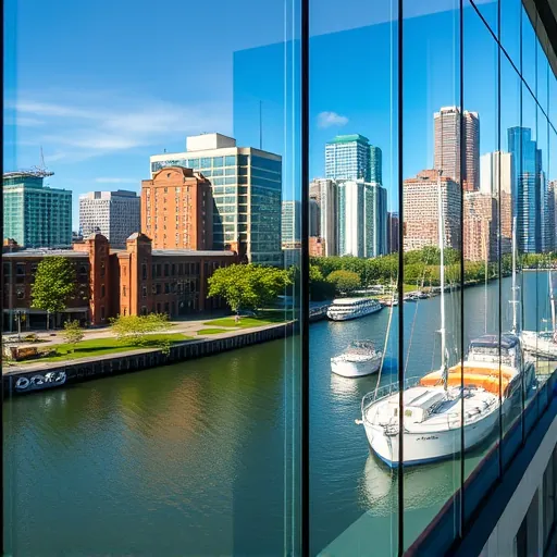 Pristine office building window reflecting Minnesota Riverfront buildings, trees, boats, and cityscape under a clear blue sky