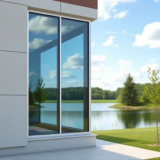Freshly cleaned window on a modern commercial building in Powers Lake MN reflecting trees and a serene lake view.