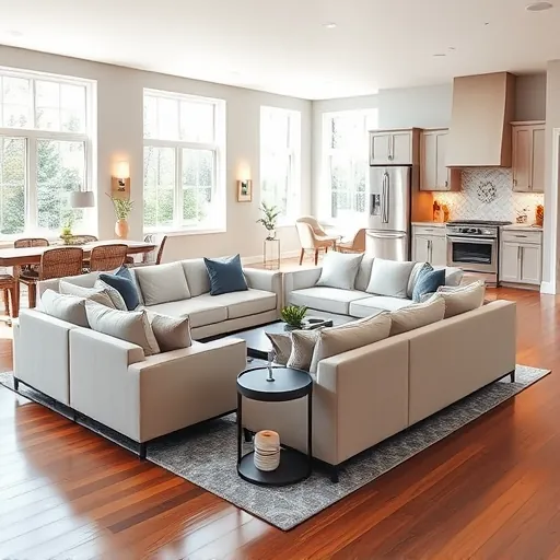 Modern living room in Denmark Township MN featuring neutral tones, sleek furniture, and a stylish kitchen.
